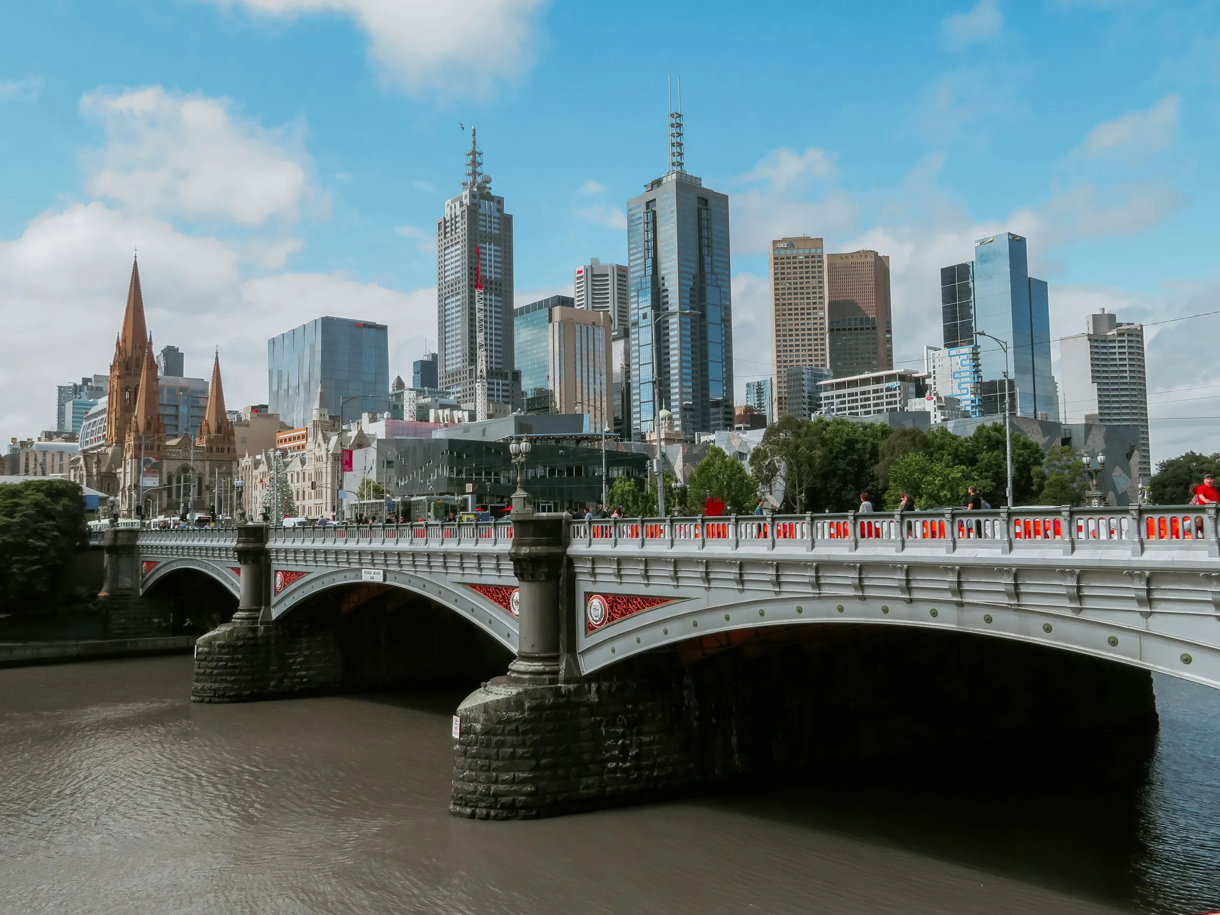Princes Bridge and Melbourne's city skyline under a blue sky