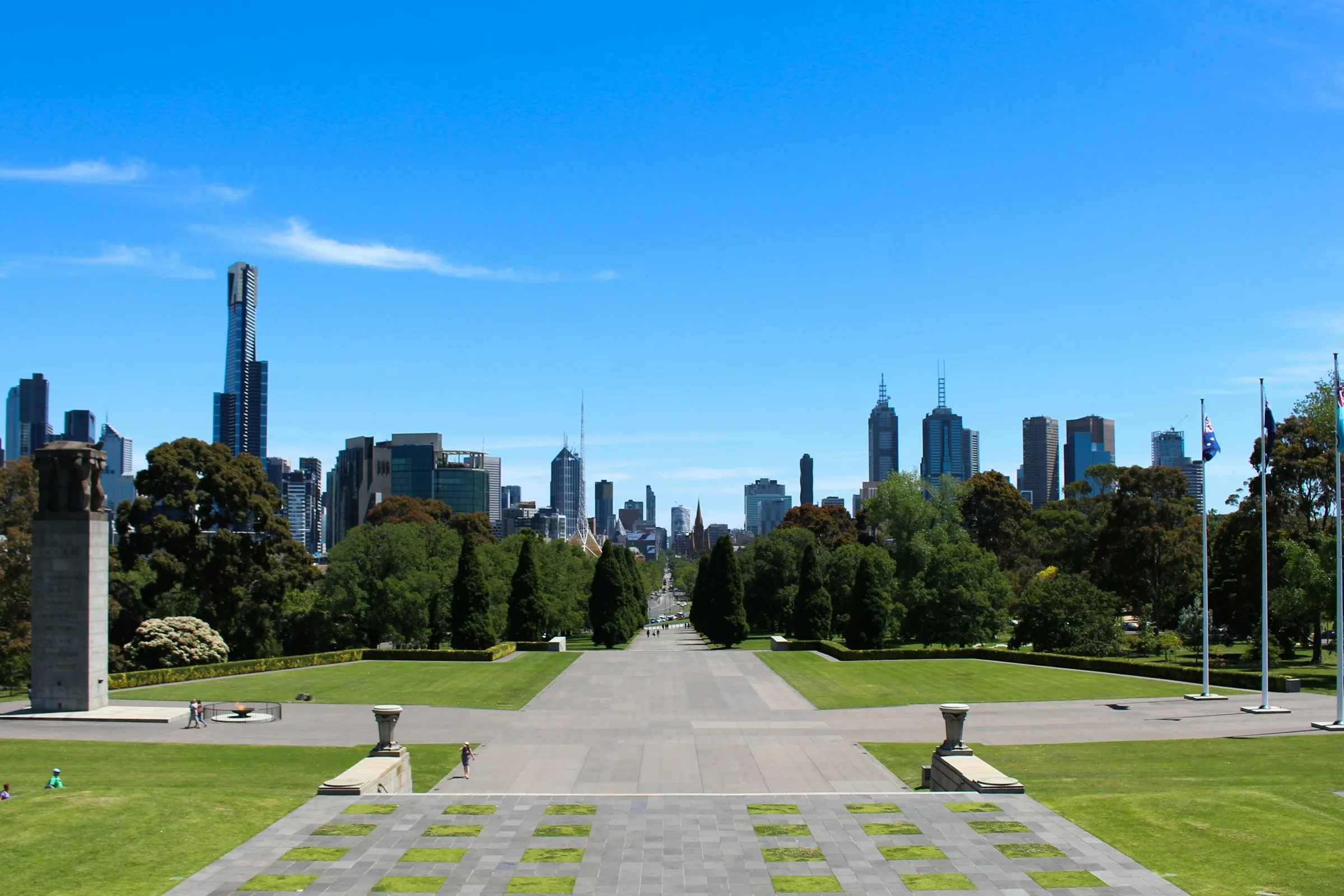 Melbourne's city skyline seen from the Shrine of Remembrance gardens on a sunny day