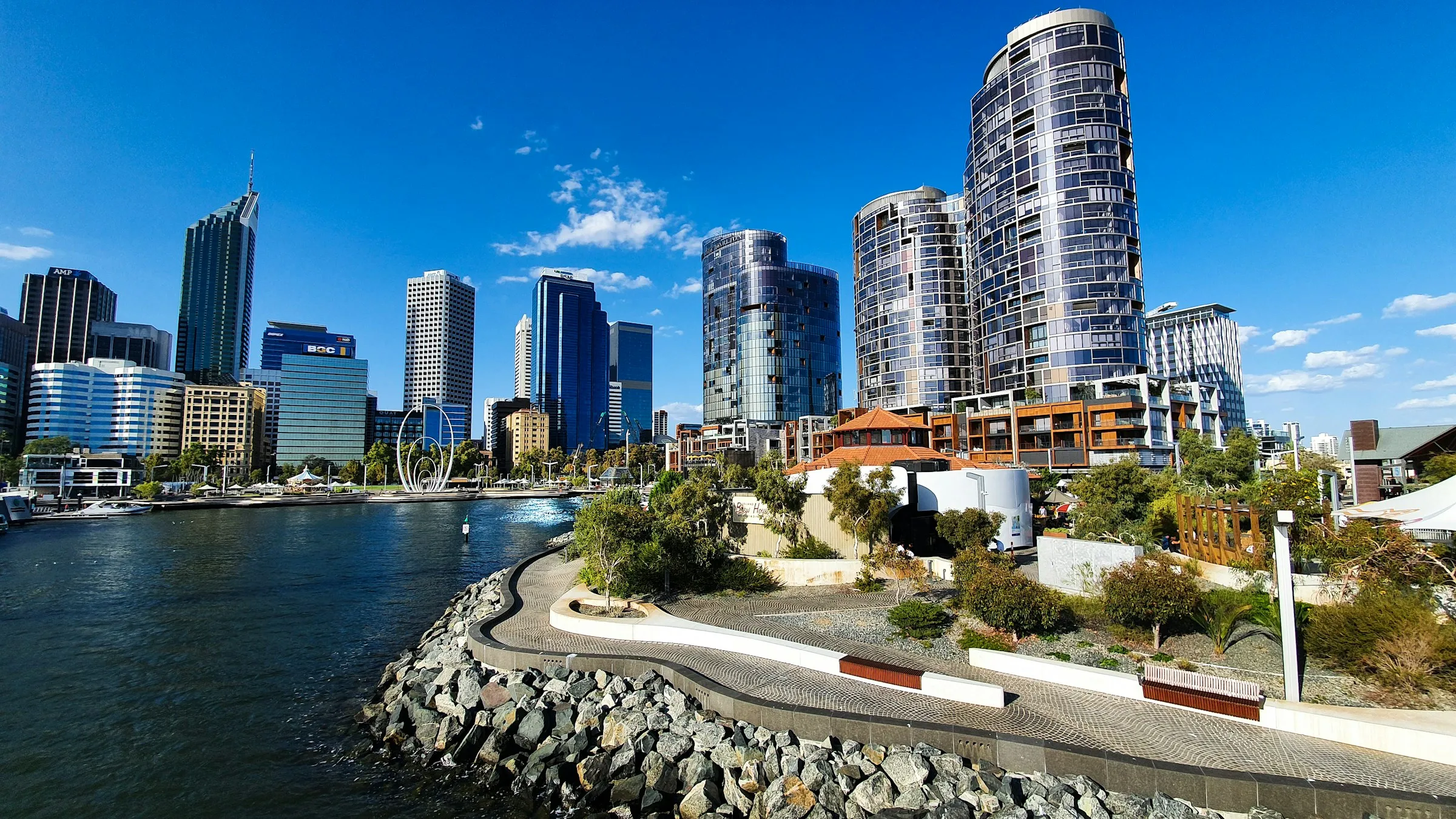 Perth's city skyline and Swan River foreshore on a sunny day